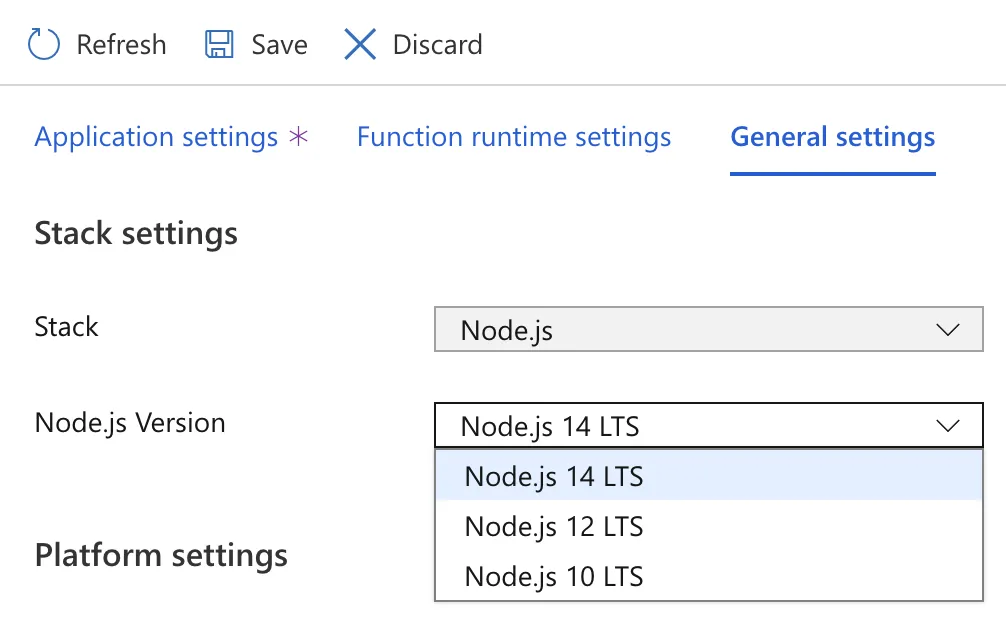 Change Node.js version in Windows Azure Functions in Portal